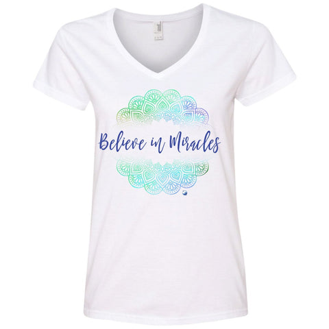 "Believe In Miracles" - Shirts And Tanks For Women - Green Mandala - Apparel - Ladies' V-Neck Tee - White - Small
