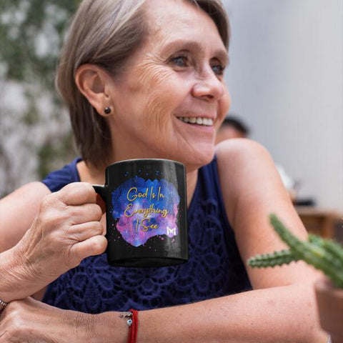 God Is In Everything I See - ACIM Coffee Cup, Black - Woman In Nature