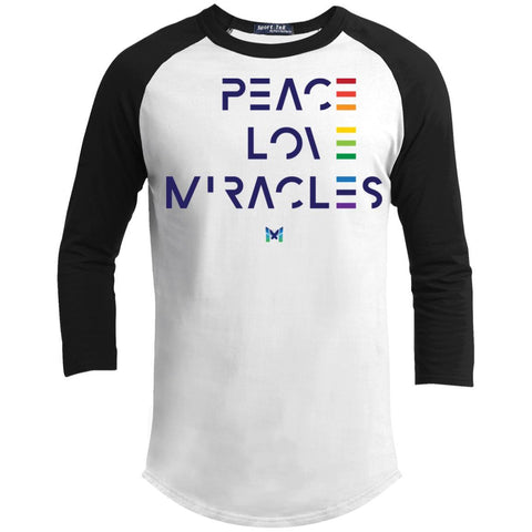 "Peace, Love, Miracles" Men's Long Sleeve Tops-Apparel-Baseball Tee-White/Black-S-The Miracles Store
