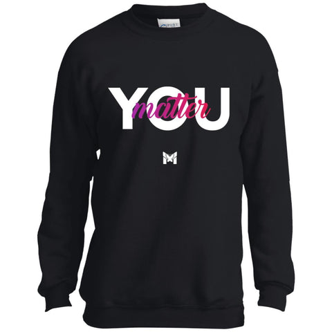 Young Girl Wearing Black "You Matter" Crewneck Sweatshirt